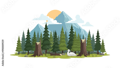 A tranquil vector illustration showcasing majestic mountains evergreen forests green clearings tree stumps and a serene white swan resting