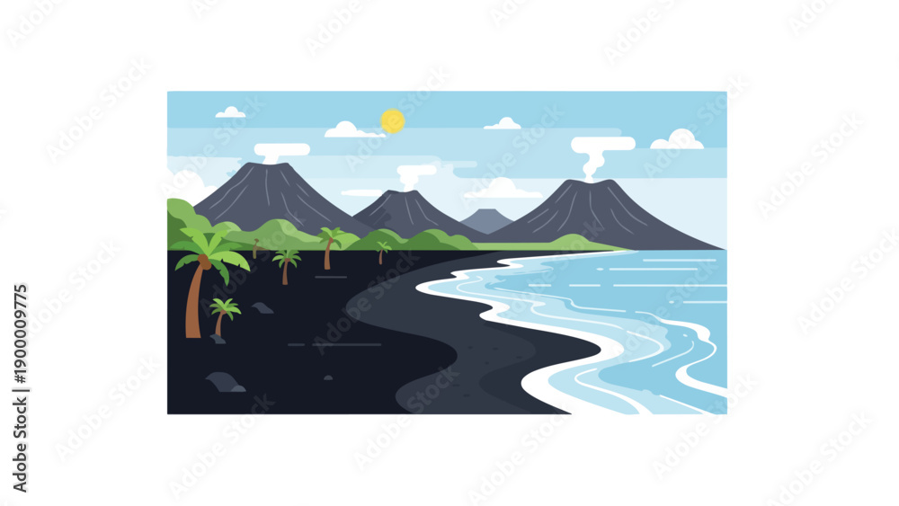 Fototapeta premium Vibrant tropical island landscape featuring majestic smoking volcanoes, lush palm trees, and an exotic black sand beach alongside the serene blue