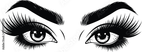 Detailed Black and White Vector Illustration of Beautiful Female Eyes with Thick Lashes and Defined Eyebrows for Beauty Graphic Designs