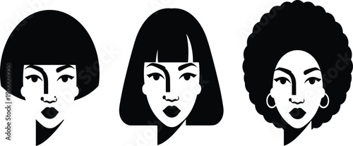 Set of Black Silhouette Vector Illustrations Featuring Beautiful Women with Modern Hairstyles Including Bob Cut and Afro for Beauty Designs