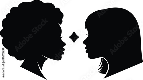 Black Silhouette Vector Illustration of Two Women Profiles with Diverse Hairstyles Facing Each Other for Beauty Fashion and Minimalist Designs