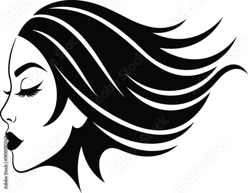 Elegant Black Silhouette Vector Illustration of a Beautiful Woman Profile with Long Flowing Hair for Beauty Salon and Fashion Designs