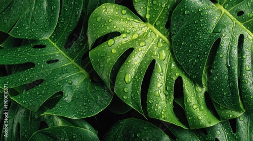 Vibrant green monstera leaves with water droplets in lush tropical foliage