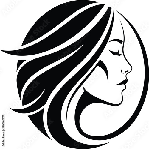 Elegant Black Silhouette Vector Illustration of a Woman Profile with Long Flowing Hair Encased in a Circular Frame for Beauty