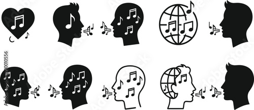Set of Black and White Vector Icons Featuring Musical Notes and Human Profiles Singing or Whistling for Music Industry Design