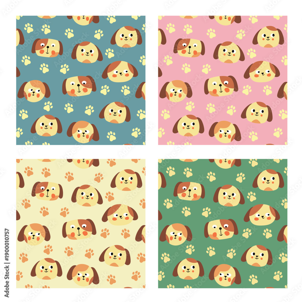 Obraz premium Cute Dog Faces and Paw Prints Seamless Pattern Set, Multicolor Pet Backgrounds for Kids and Fabric
