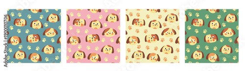 Cartoon Dog Face Seamless Patterns Set in Different Colors, Cute Pet Designs for Decor and Stationery