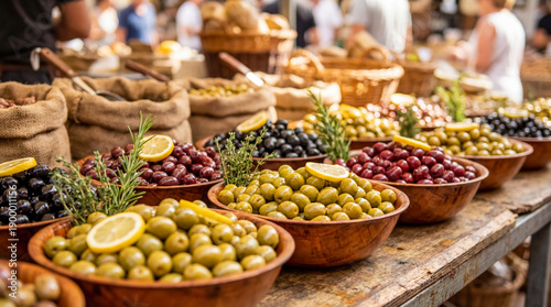Marinated olives in bowls at market close up moroccan food nutrition culture background copy space street trade colorful aromatic snack