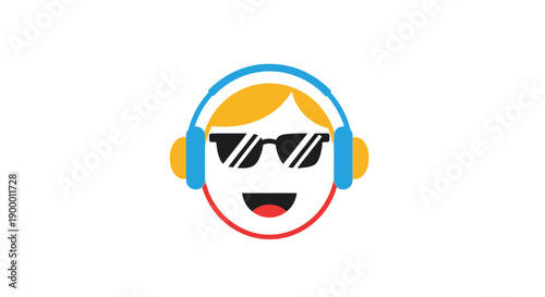 Happy cartoon face wearing blue headphones and black sunglasses, smiling cheerfully on an isolated white background.
