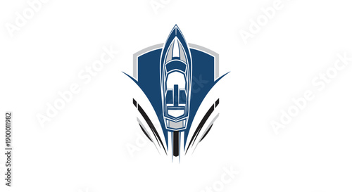 Top View Speedboat Logo Emblem on Blue Shield with Dynamic Waves on Isolated White Background