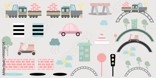 Set of colorful transport and city elements including trains, car, scooter, traffic light, crosswalks, barriers, cones, trees, buildings, bridges, weather icons and road parts