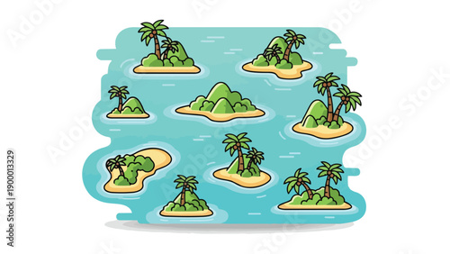 Whimsical collection of diverse tropical islands in a blue ocean, perfect for map or summer themes