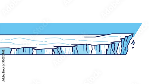 Minimalist illustration depicting a cross-section of a polar ice shelf floating in blue water, detailed ice formations and a breaking edge clearly
