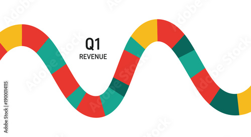 Q1 Revenue Data Tracking Wave Infographic Vector. Quarterly Financial Report Presentation Chart with Colorful Segmented Line.