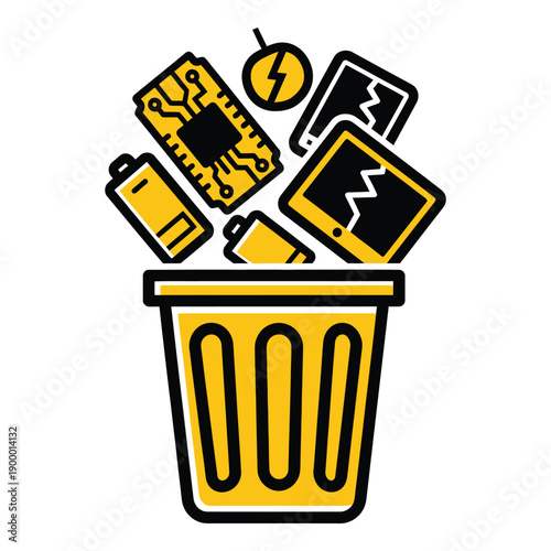 Vector art of electronic waste in a yellow trash can