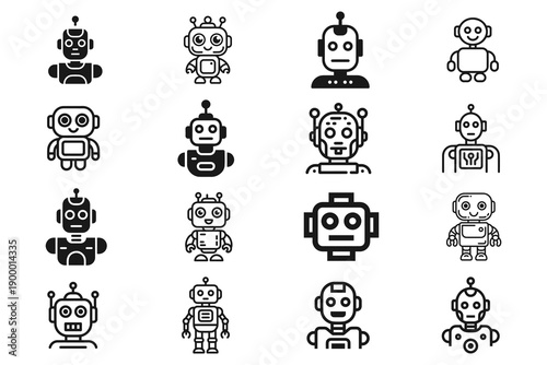 Collection of sixteen diverse, stylized robot icons in a grid layout, showcasing various designs and outlines.