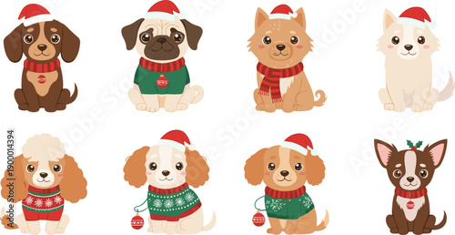 Cute Christmas Dog Vector Character Set with Pug Dachshund Poodle and Chihuahua Wearing Santa Hats and Festive Sweaters for Holiday Season Greeting Cards