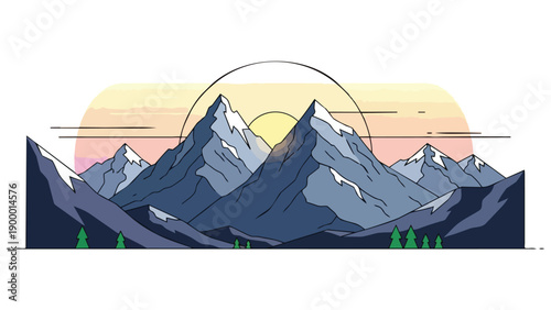 Majestic alpine panorama at dawn or dusk an artistic natural landscape illustration capturing serene mountain peaks and a glowing horizon
