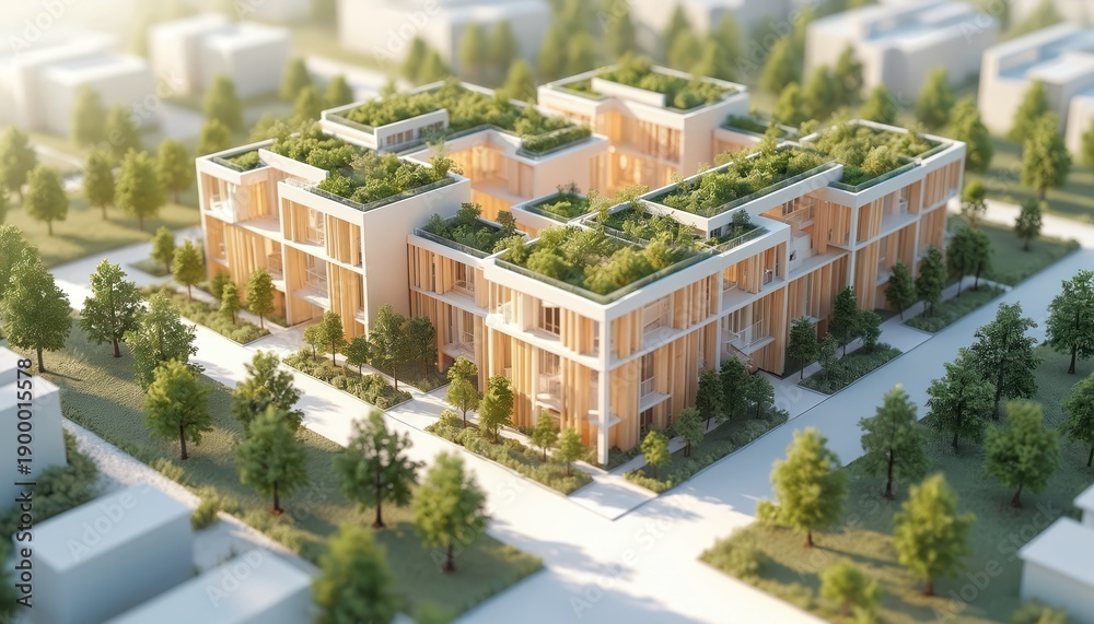 Fototapeta premium Modern apartment building design features green rooftop gardens, natural wood accents. Complex promotes eco-friendly living with sustainable urban planning, green spaces integrated within residential