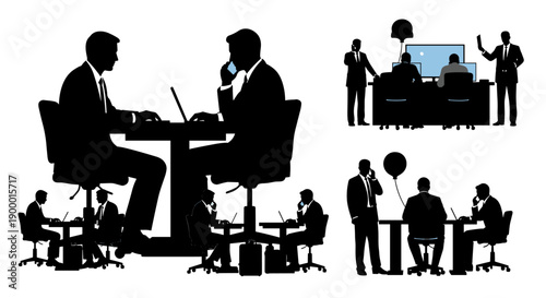 Dynamic collection of silhouetted business people in diverse corporate settings, featuring collaborative team meetings, client discussions, and individual work productivity
