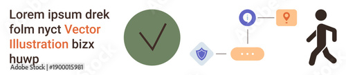 Navigation, workflow management, security systems, user authentication, data flow, process tracking. Green checkmark, shield map pin connection lines person icon. Navigation and workflow