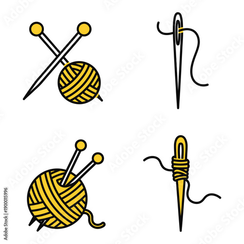 Vector art of set of four sewing and knitting icons yarn balls and needles