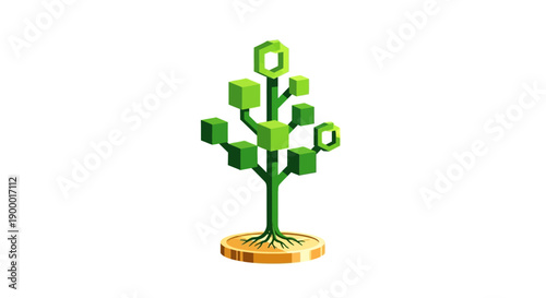 Digital Growth Tree Icon. Isometric Symbol of Financial Investment, Wealth Generation, and Blockchain Technology on a Gold Coin.