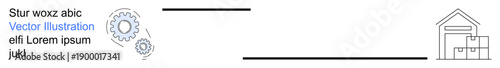 Logistics, automation, supply chain management, warehouse operations, cargo storage, shipping networks. Gear symbols and warehouse icon connected by lines. Logistics and automation concept
