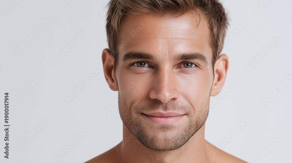 Obraz premium Groomed clean male skin high clarity bright white studio closeup portrait of smiling young man with short hair and light stubble conveying confidence and warmth