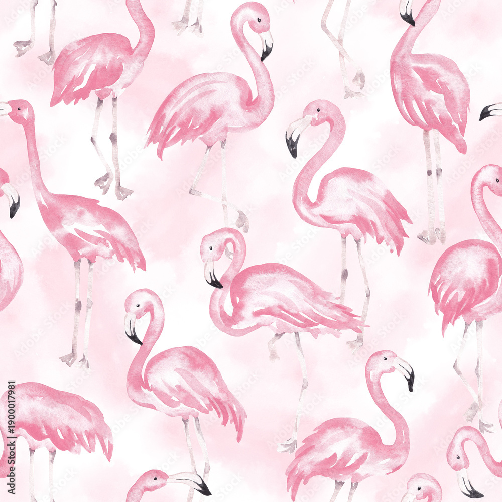Obraz premium Flamingo pattern hand drawn with watercolor. Tropical birds repeating pattern. Pink birds seamless tile. Exotic design for textile, fabric, surface, packaging, wallpaper