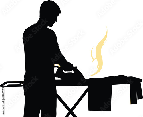 Man ironing clothes on ironing board