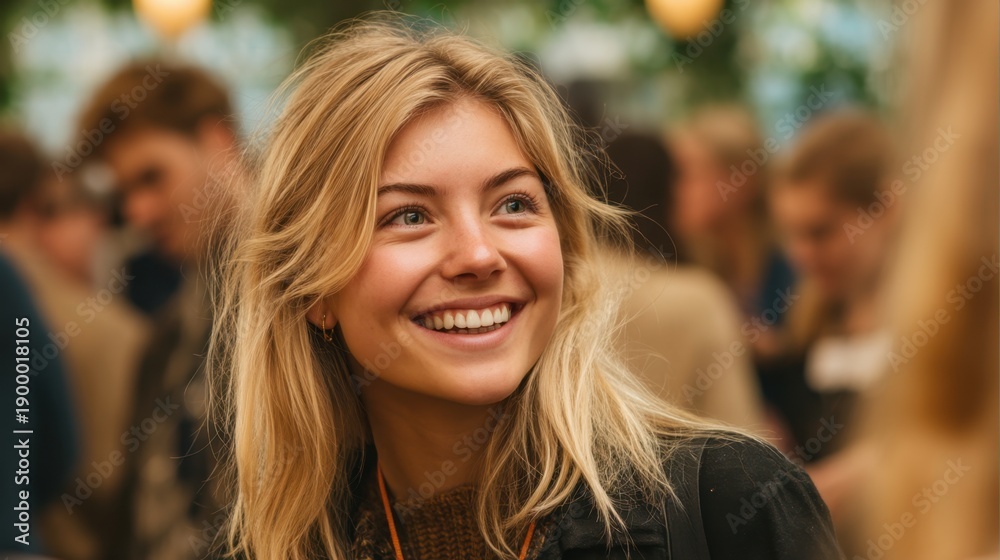 Fototapeta premium Young caucasian female smiling in social gathering