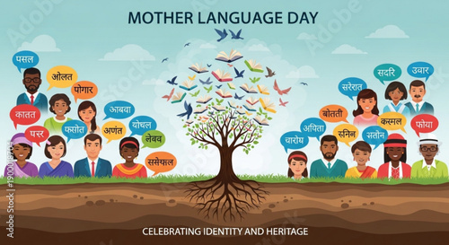Diverse people celebrate mother language day with tree of many languages and birds flying free