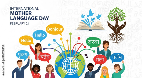 International mother language day celebration with diverse people and speech bubbles around the globe
