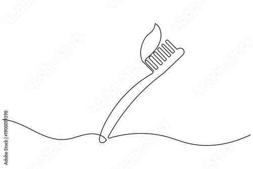Minimalist continuous one line drawing of a toothbrush and toothpaste tube. Perfect for dental clinic branding, healthcare blogs, and modern bathroom decor on a clean white background.