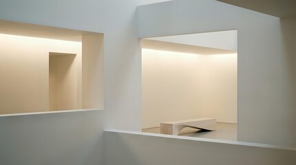 Modern minimalist interior with built-in white shelving niches and warm LED lighting for contemporary home design and architecture projects.