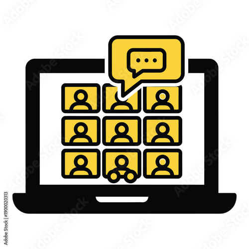 Vector art of video conference call interface on a laptop screen with multiple participants