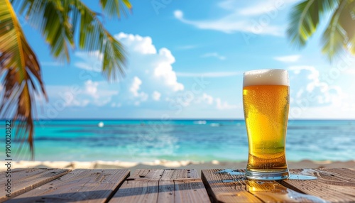 真夏の青空を背景にした冷たいビールジョッキのイメージ画像