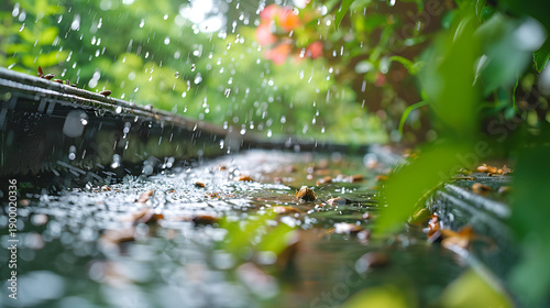 Rainwater flowing steadily down a gutter with lush green foliage