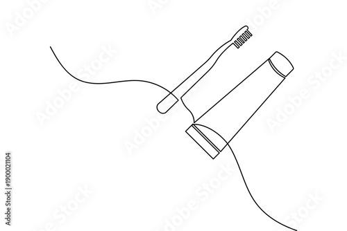 Minimalist continuous one line drawing of a toothbrush and toothpaste tube. Perfect for dental clinic branding, healthcare blogs, and modern bathroom decor on a clean white background.