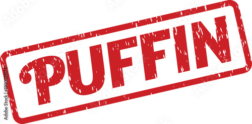 Puffin word written on a red distressed rubber stamp ink seal icon