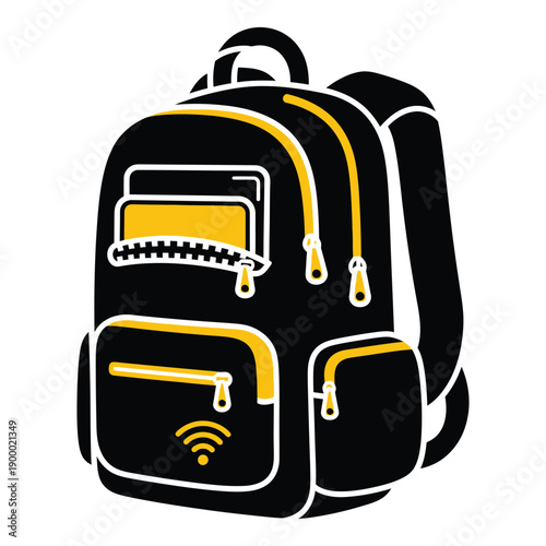 Vector art of backpack with multiple compartments, zippers, and wifi symbol