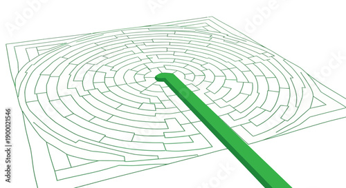Direct Green Arrow Path Cutting Through Complex Circular Maze. Conceptual Shortcut to Solution, Strategy, Success, and Business Goal Achievement.