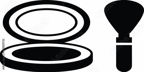 Black and white illustration of a makeup compact and brush