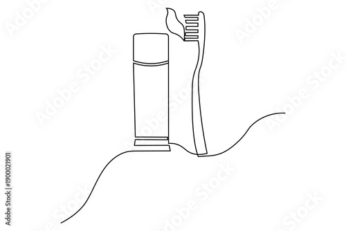 Minimalist continuous one line drawing of a toothbrush and toothpaste tube. Perfect for dental clinic branding, healthcare blogs, and modern bathroom decor on a clean white background.