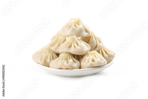 Foto Fresh Xiaolongbao Chinese Soup Dumplings with Meat Filling on White Plate
