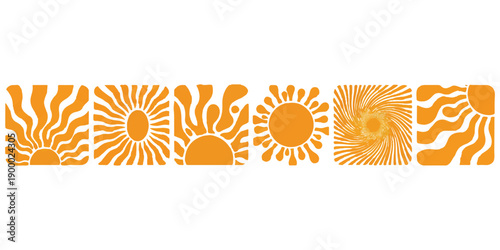 A set of five different stylized sun illustrations in orange color on a white background