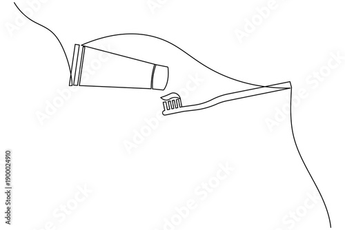Minimalist continuous one line drawing of a toothbrush and toothpaste tube. Perfect for dental clinic branding, healthcare blogs, and modern bathroom decor on a clean white background.