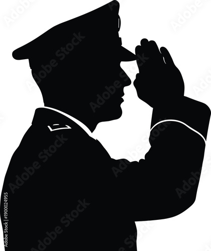 Police officer silhouette saluting, law enforcement profile portrait, security service concept, uniformed authority figure illustration, black vector design icon artwork
