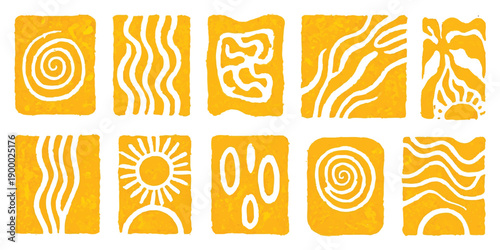 A collection of ten abstract, hand-drawn symbols, including spirals and suns, on textured yellow squares
